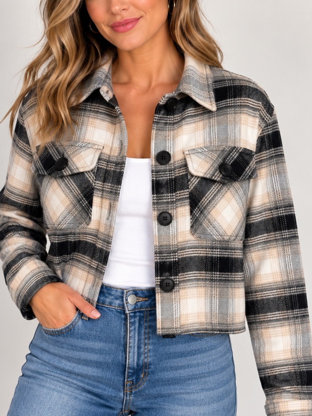 BB Dakota Steve Madden Plaid Cropped Shacket Jacket Black Cream Small